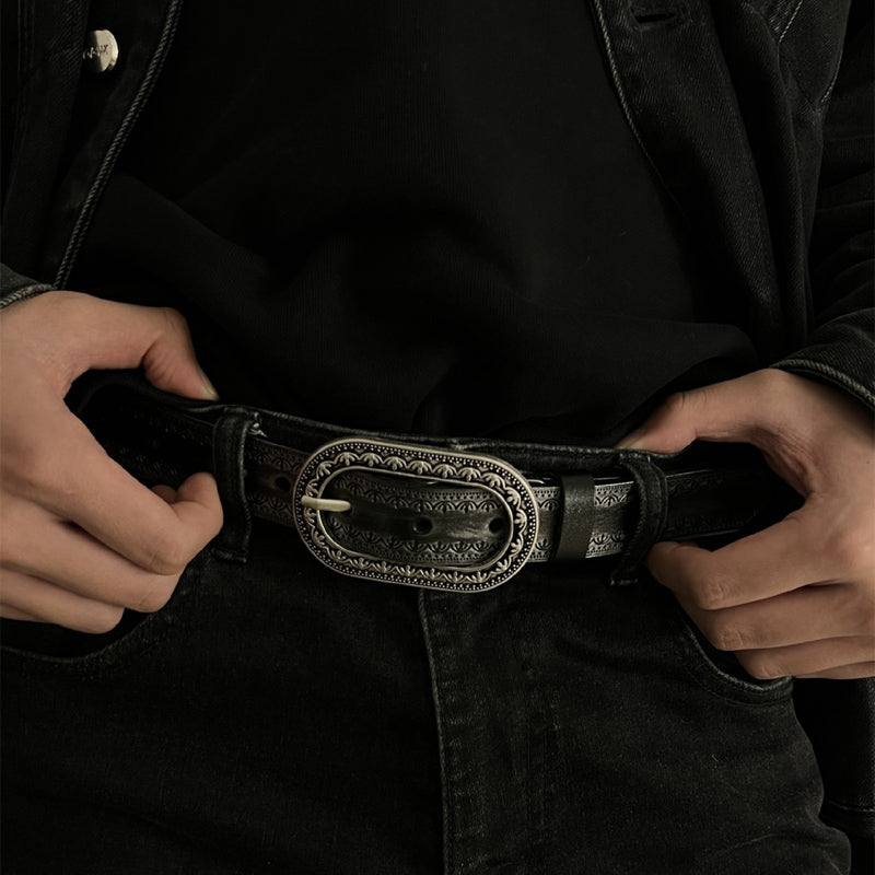 Men's Vintage Distressed Engraved Embossed Genuine Leather Belt 44748904U