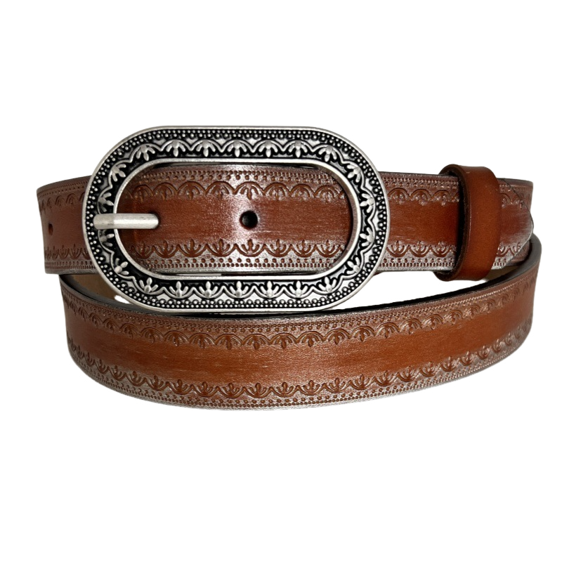 Men's Vintage Distressed Engraved Embossed Genuine Leather Belt 44748904U