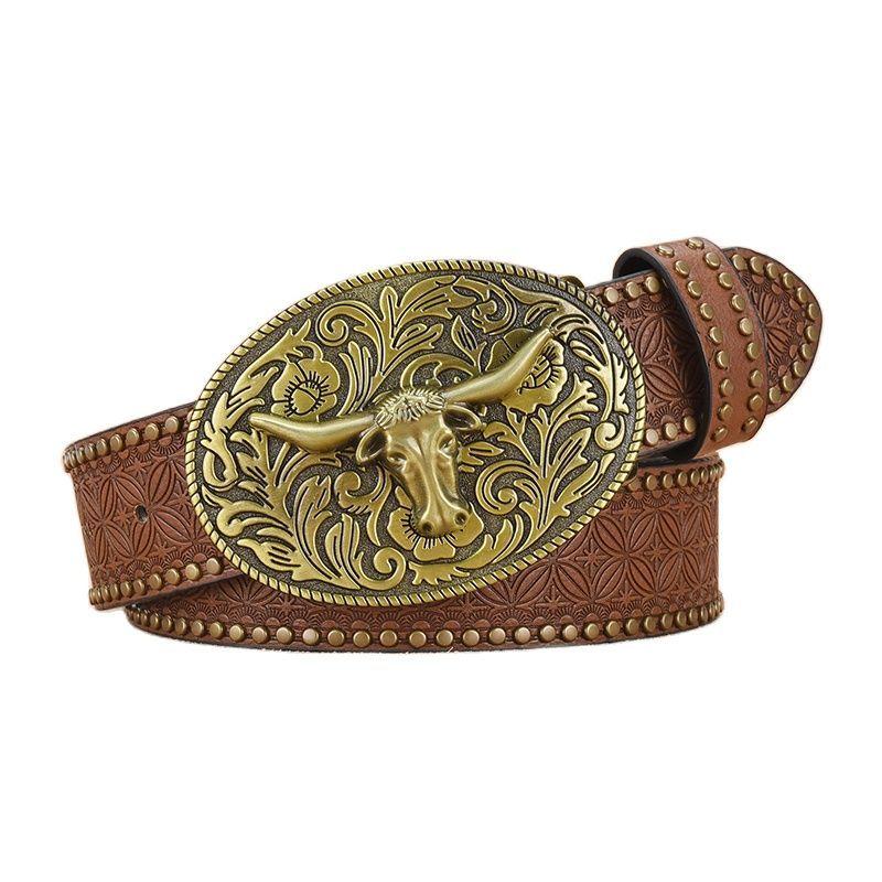 Men's Western Cowboy Style Vintage Rivet Embossed Belt 33277436U